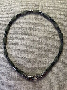Moss Agate, Hematite, Stainless Steel Men’s Dragon Heads Necklace